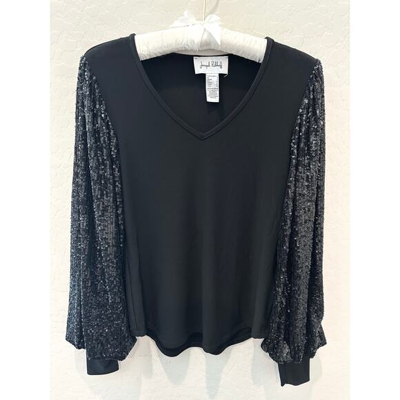 JOSEPH RIBKOFF | Black V-Neck Top with Sequin Balloon Sleeves | Size 2 - Picture 1 of 6